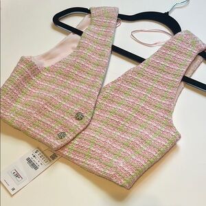Pink and Green Cropped Tweed Vest